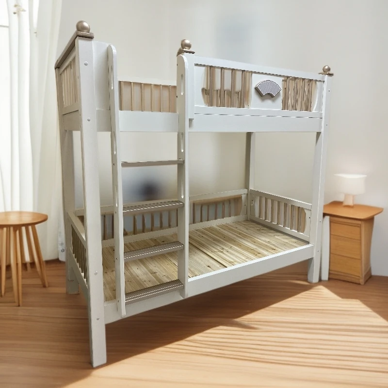 轻奢全实木高低床子母床美式双层床白色北欧两层床上下铺实木床