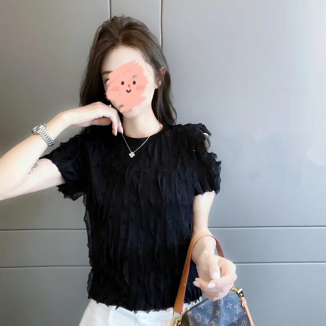 2025夏季新款 立体荷叶圆领短袖T恤女百搭显瘦上衣时尚气质设计感
