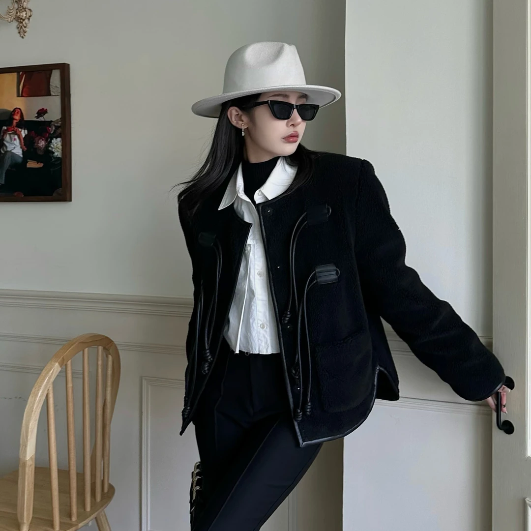 QIANJIE家｜独立原创小众设计师秋冬毛绒圆领保暖绑带外套629