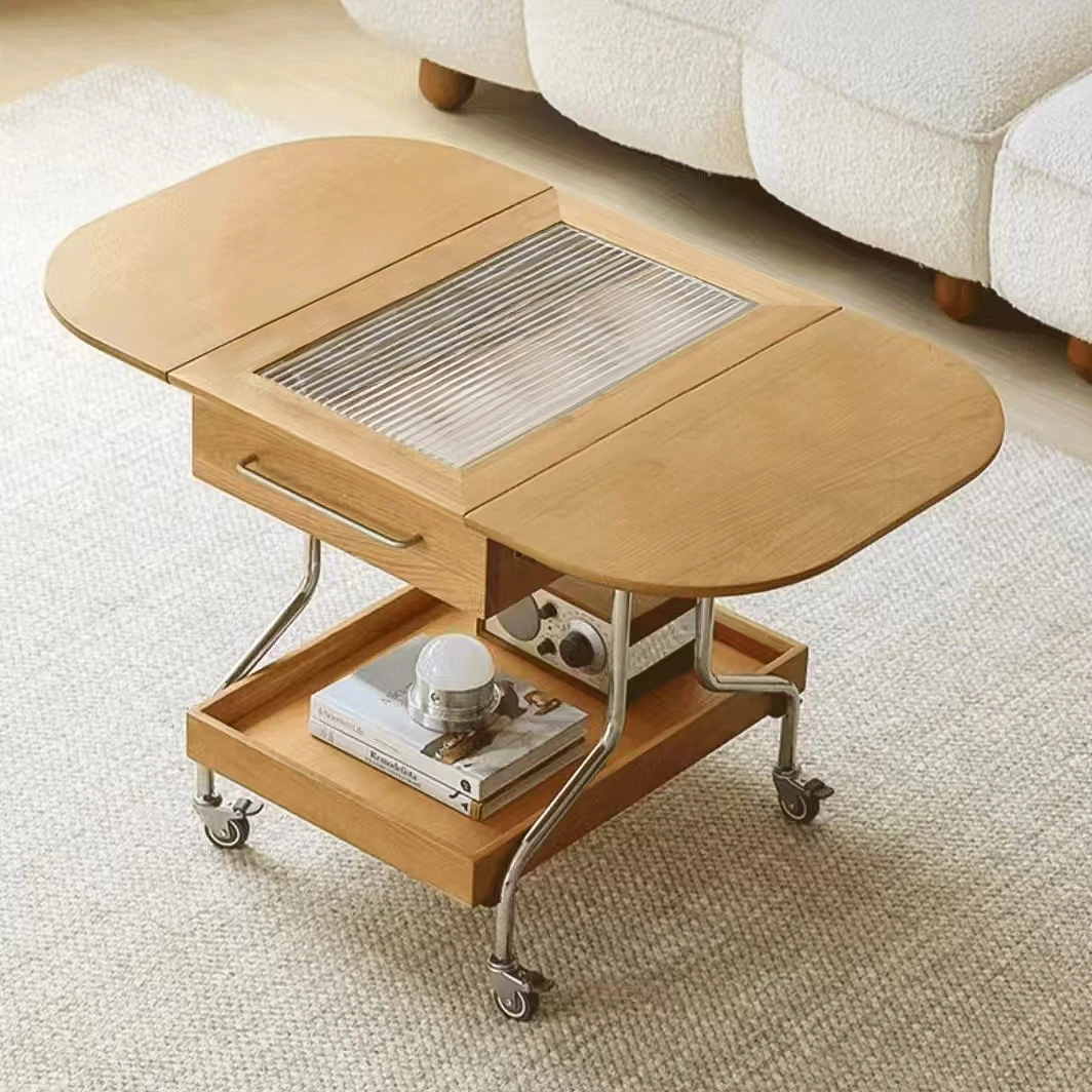 白橡木茶几 北美进口白橡木移动茶几 万向轮茶几 可折叠