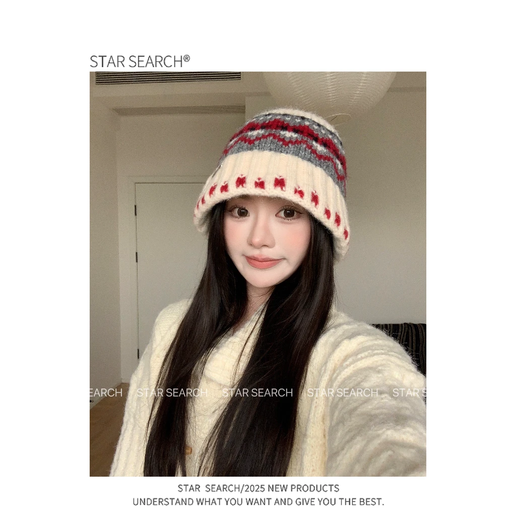 复古提花针织毛线帽女秋冬费尔岛风户外保暖渔夫帽子高级感水桶帽