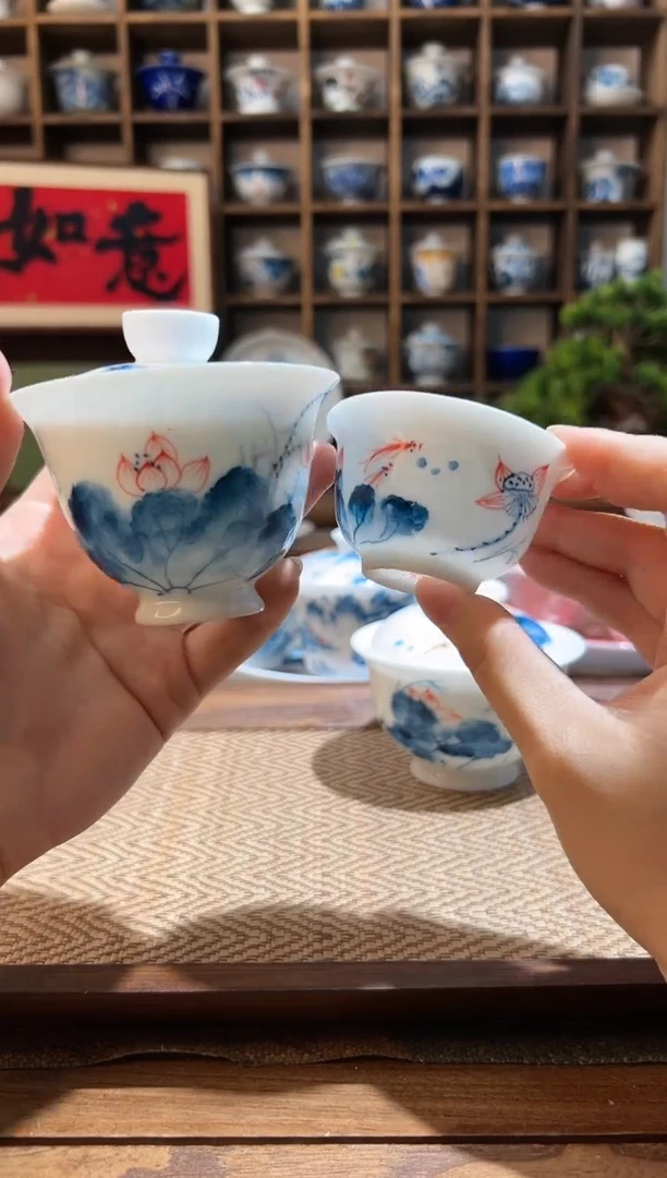 【闪购商品】手绘荷花锦鲤小盖碗+送一杯