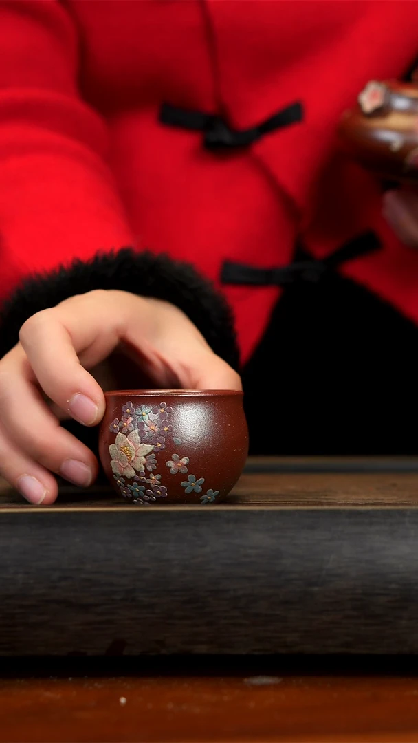 【闪购商品】紫砂茶壶朱泥柴烧花卉杯