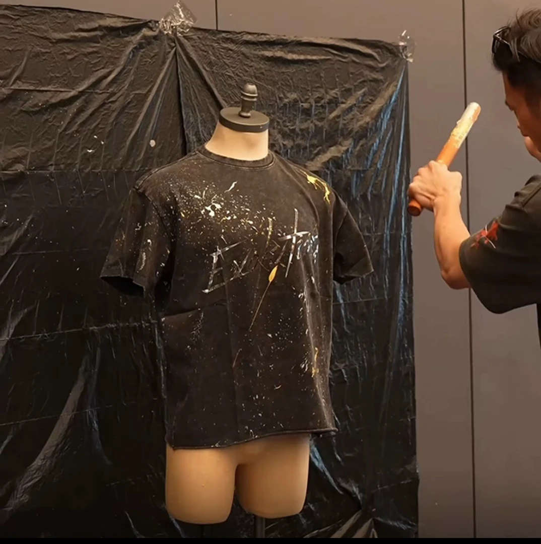 【现货-峰哥泼墨设计款】水洗黑纯棉300克重磅半袖时尚短袖T恤