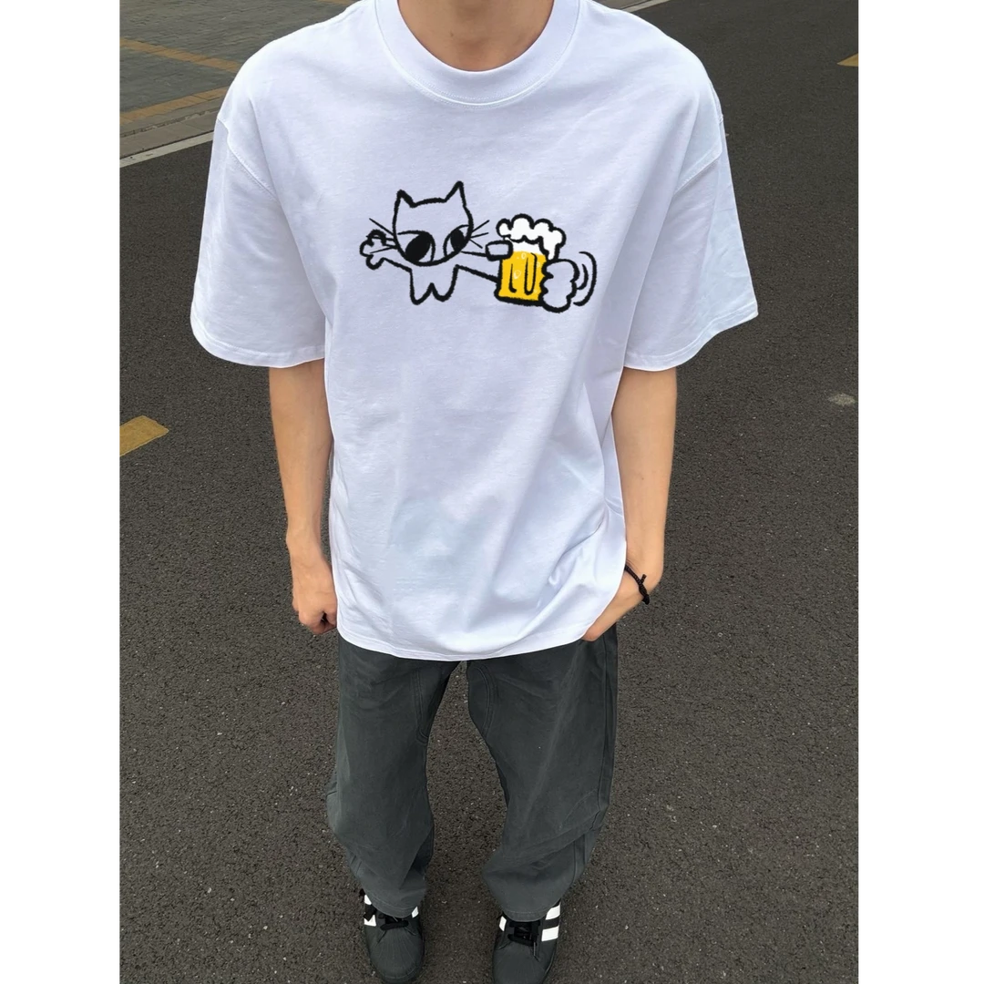 重磅设计感趣味啤酒喵印花美式短袖男夏季宽松痞帅纯棉t恤半袖潮