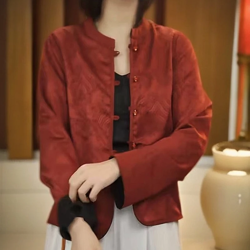 新中式国风气质提花长袖红色双面穿百搭女士外套开衫上衣2025新款