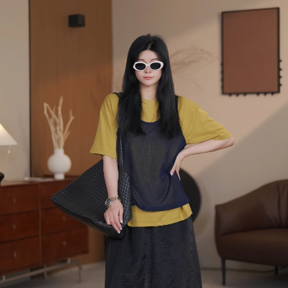 FY3361夏季新款宽松时尚百搭薄款背心短袖休闲气质显瘦两件套