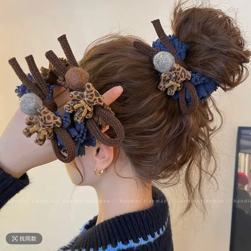 豹纹小熊毛球大肠发圈女高级感低马尾皮筋头花盘发丸子头绳发绳秋