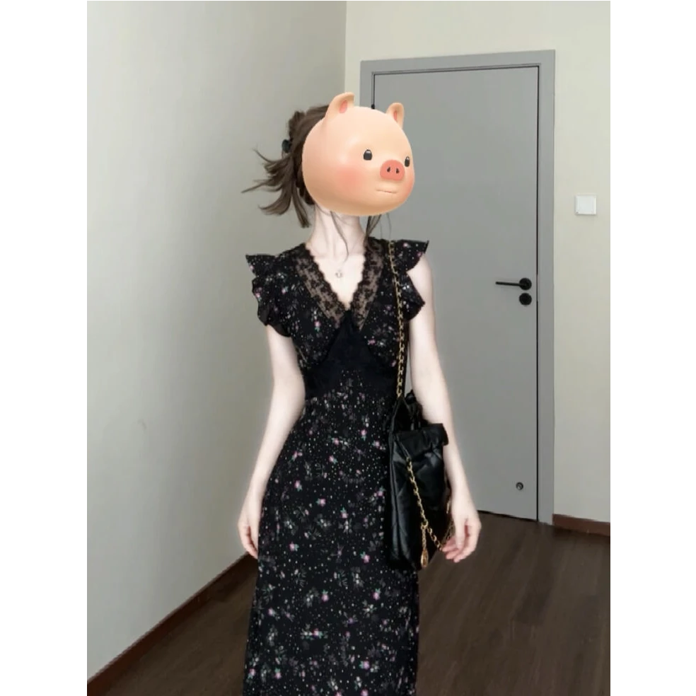 黑色蕾丝拼接碎花连衣裙女夏季海边度假法式气质独特漂亮掐腰长裙