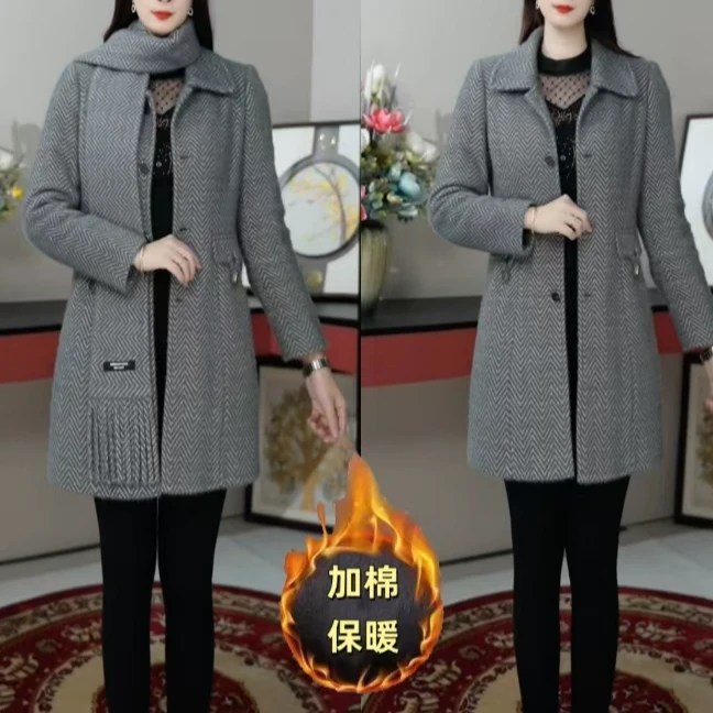 D8855呢子大衣纯色大翻围巾领两件套中长款修身新款妈妈外套