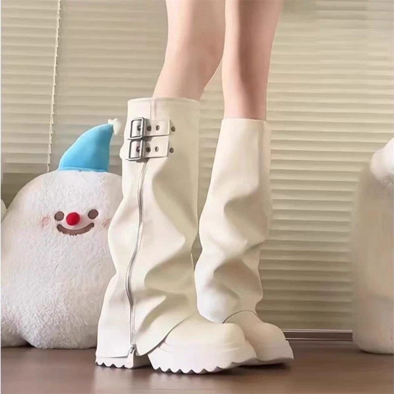 大头裤管靴堆堆靴女2025秋冬厚底增高西部靴不过膝长靴高筒骑士靴