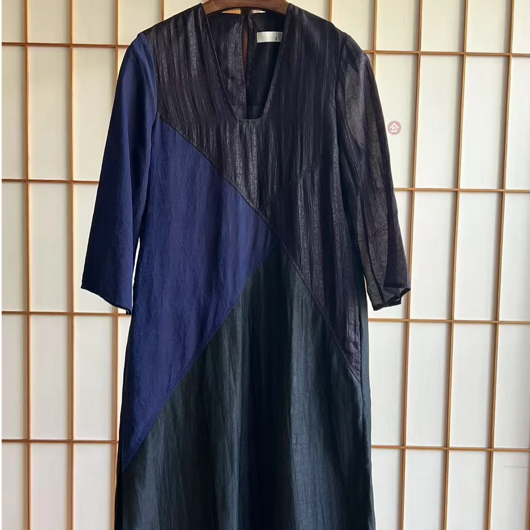 德玺见萩 莨绸龟纹撞色连衣裙 YQZWE1L034