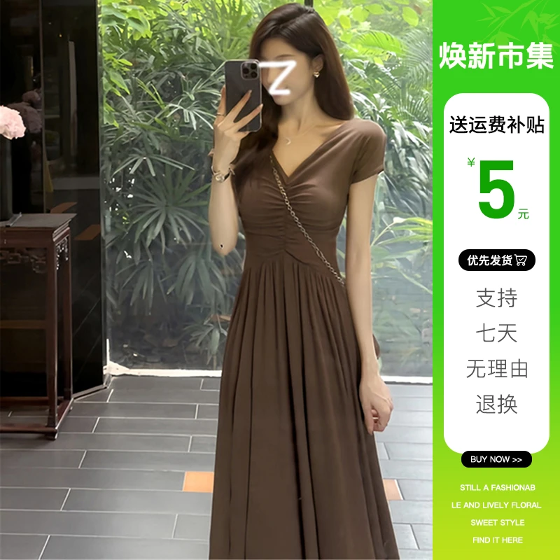 C327连衣裙子女士装夏季2024年新款小个子高端气质显瘦短袖中长裙