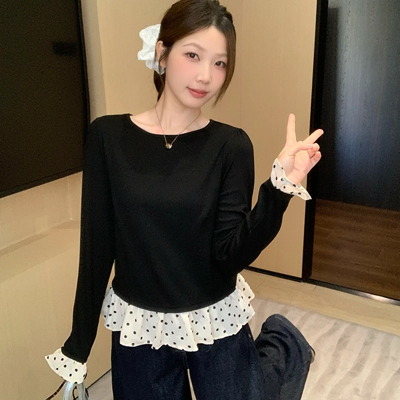 大码胖mmT恤圆领宽松型女性常规款修身型长袖通勤风拼接波点上衣