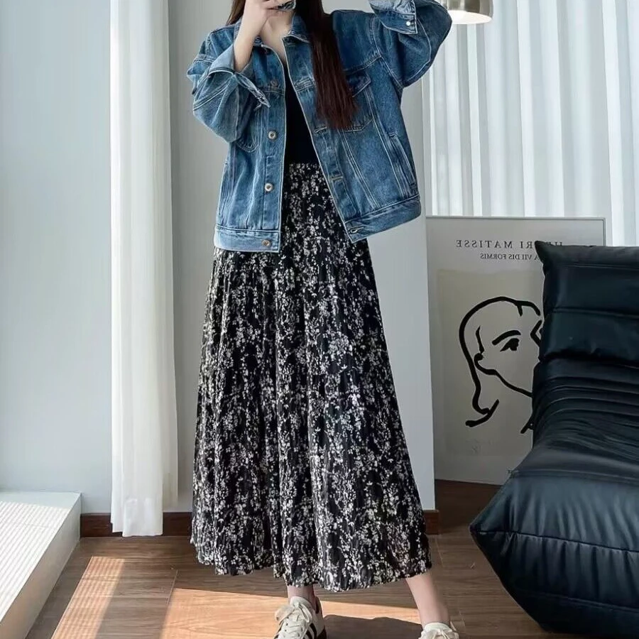【现货-两个裙长】高级感碎花半身裙高腰遮胯气质a字裙雪纺大摆长裙