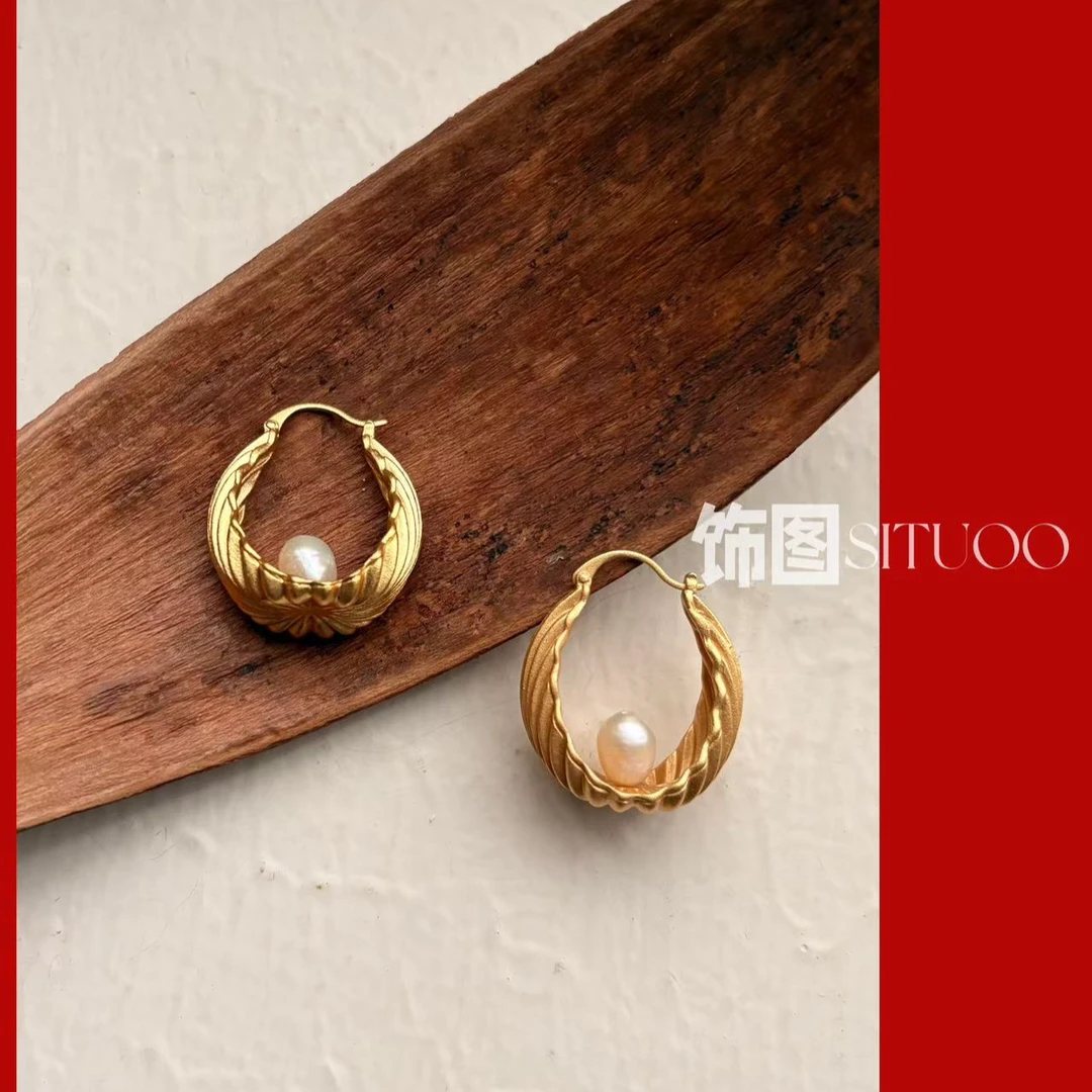 合金耳饰 SITUOO饰图小众设计款“鸟巢”法式轻奢耳饰珍珠复古气质