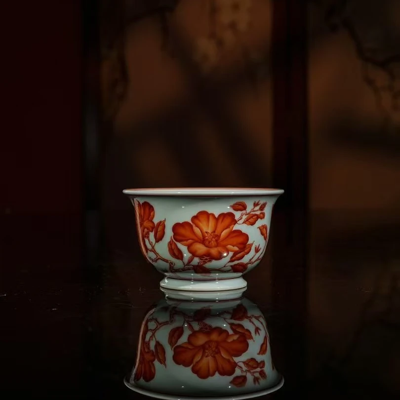 志纯窑 矾红山茶花折枝杯