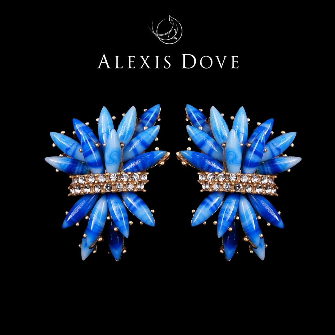 铜合金合成锆石耳饰 复古重工高级感蓝色花束耳钉【乐亿】