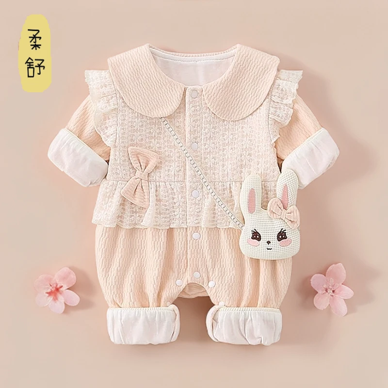 婴儿春秋连体衣女宝宝双层满月幼儿百天春季包屁爬服A棉公主哈衣