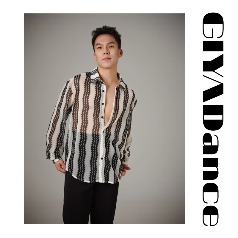 GIYA「云影」新款男士米白黑拼接条宽松衬衫拉丁国标舞练功服表演服