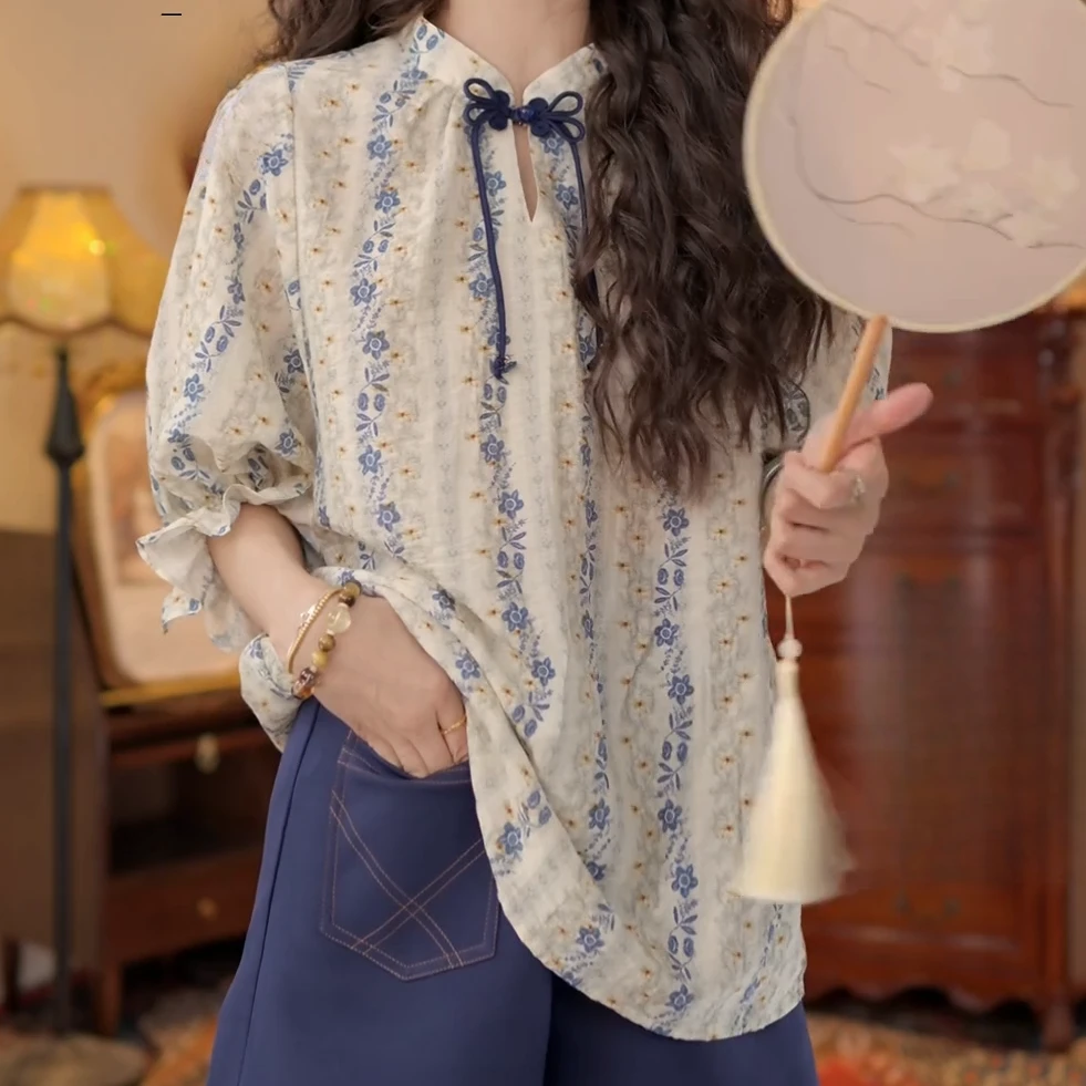 【景泰蓝瓷】复古港风短袖夏季宽松女衬衫百搭上衣C5207