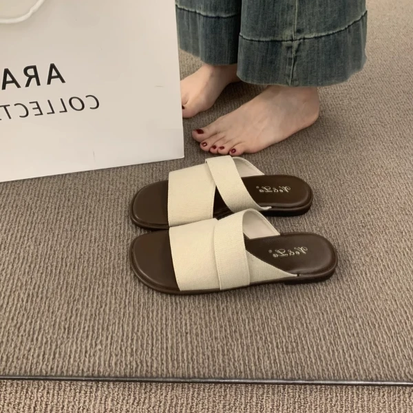 法式平底亚麻一字带露趾拖鞋女夏外穿复古百搭不累脚休闲沙滩凉拖