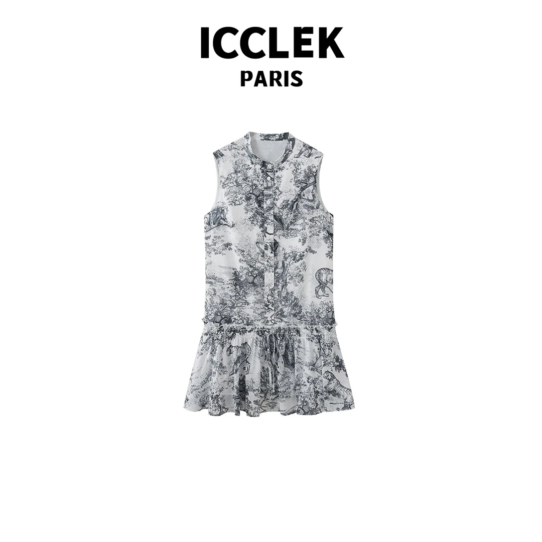 ICCLEK 丛林印花A字裙摆连衣裙修显瘦气质名媛夏季百搭裙子 -2496