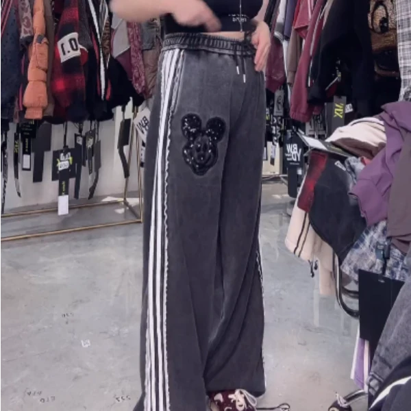 重工白条纹米奇炒色洗水阔腿裤  8102