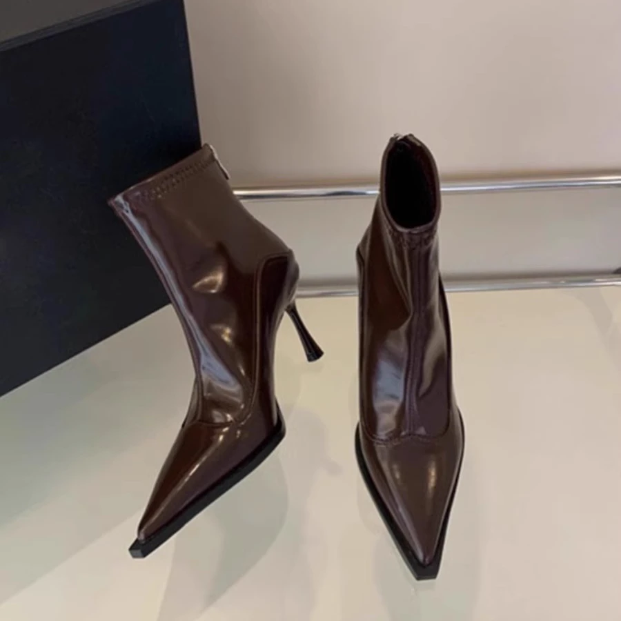 高跟尖头短靴2025年秋冬新款欧美细跟小个子法式复古瘦瘦