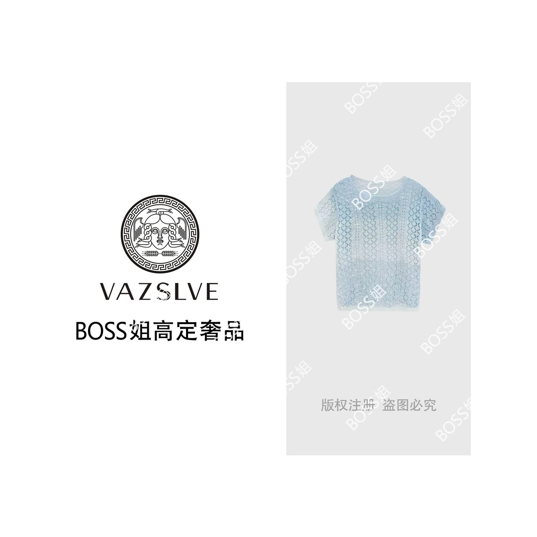 VAZSLVE/原创设计 渐变镂空花纹亮片圆领短袖针织衫msl336
