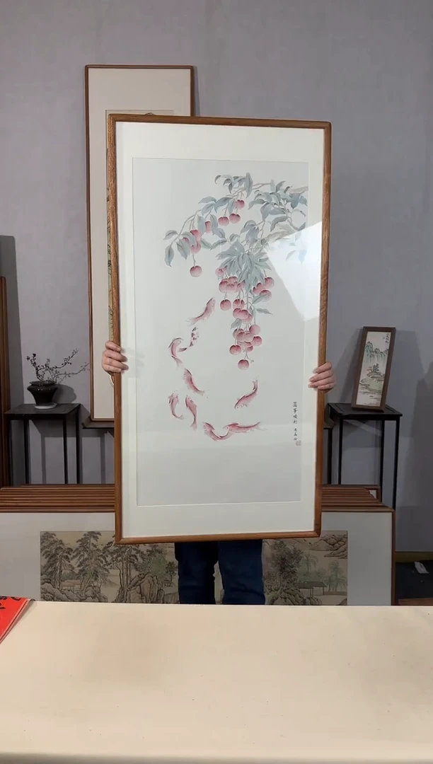 国画手绘*万事顺利*62*122cm原木色木框