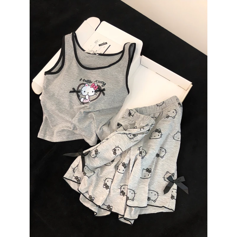 蝴蝶结卡通印花无袖睡衣女2024夏款带胸垫背心短裤家居服大码套装