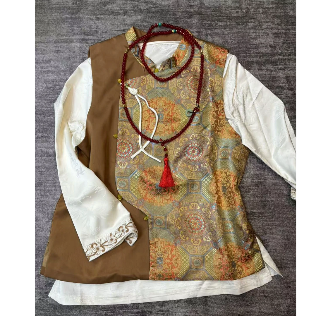 长袖网红时尚新中式女士复古中国风设计师打底马甲提花绣花重工