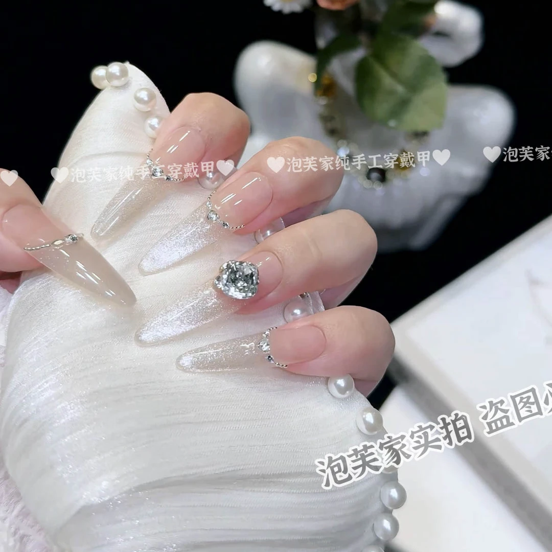 【梦之月影】中长款纯手工穿戴甲梯形夏天猫眼爆闪指甲贴片显白美甲