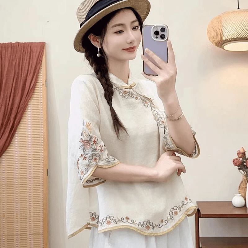 文艺刺绣棉麻衬衫女新中式复古上衣女盘扣夏季斜襟民族风七分袖