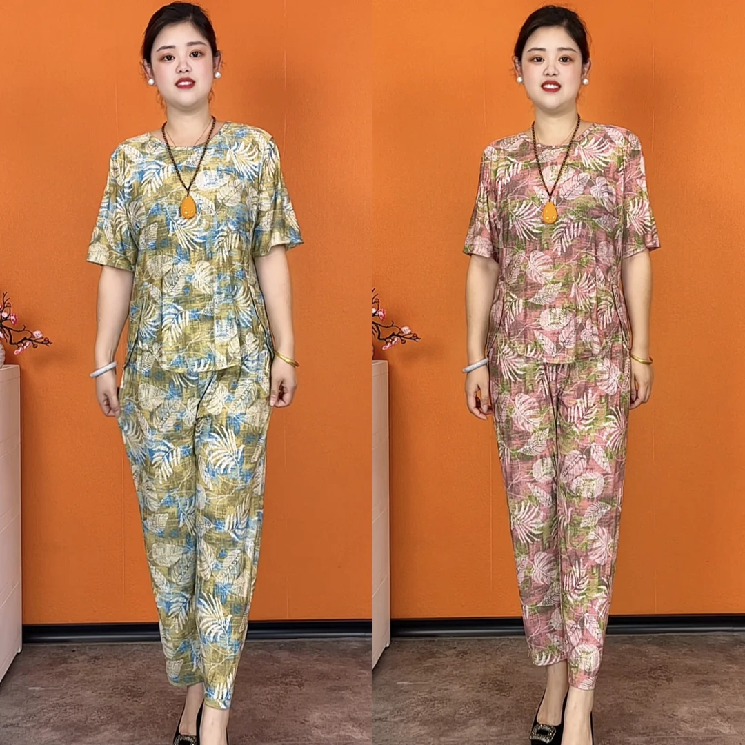 2025显瘦洋气休闲夏季宽松印花减龄大码花色女士九分裤羽毛花套装