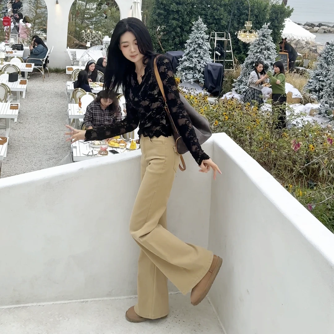 微喇牛仔裤女秋冬加绒加厚卡其色喇叭裤小个子高腰显瘦显高拖地裤