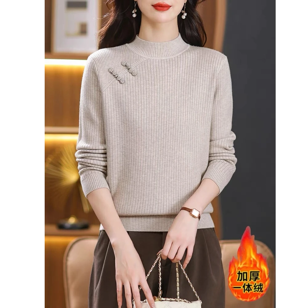 毛衣女秋冬加绒加厚新款针织上衣半高领加绒打底衫内搭拼接长袖