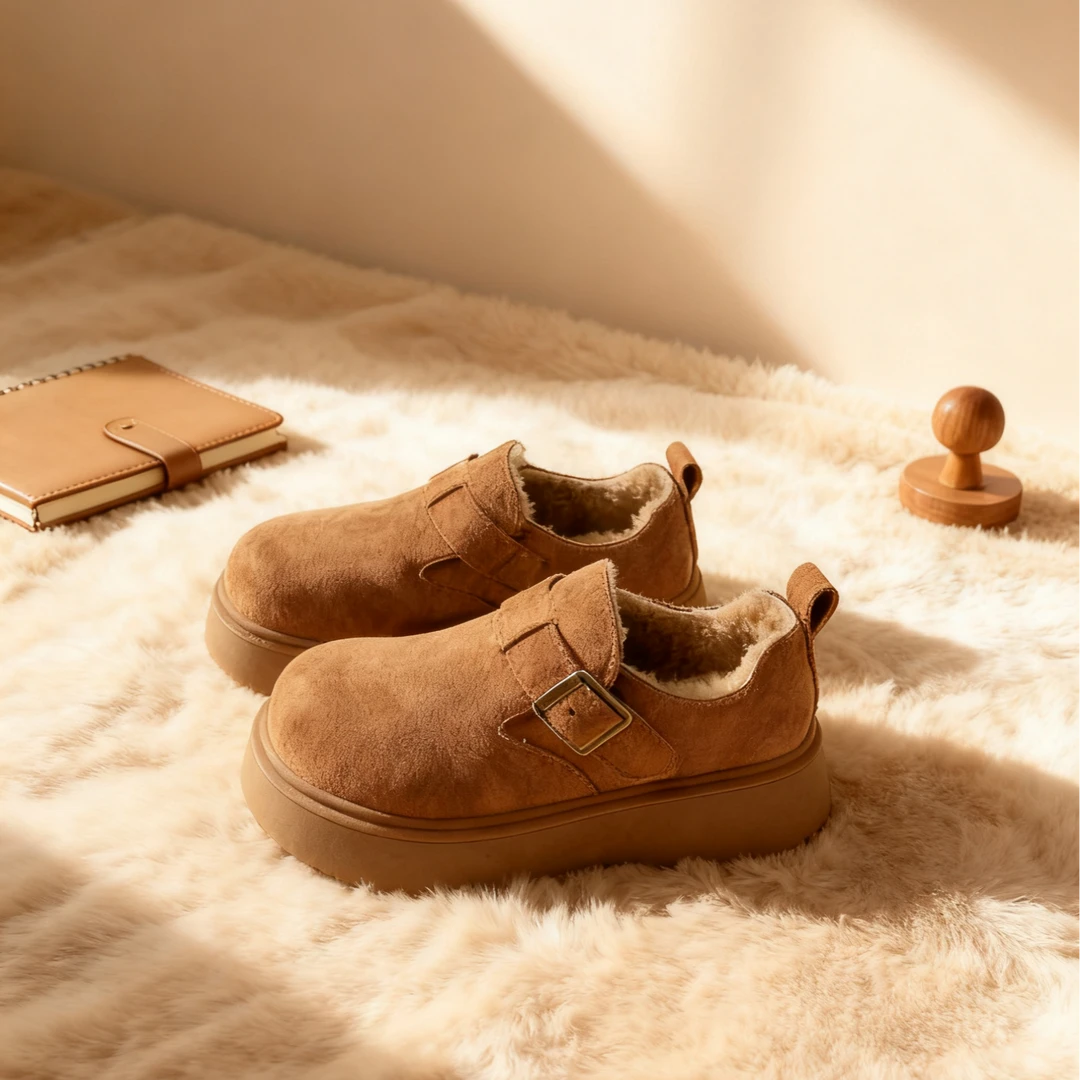 牛皮勃肯鞋女秋冬加绒时尚穿搭增高厚底一脚蹬2025爆款时尚加绒