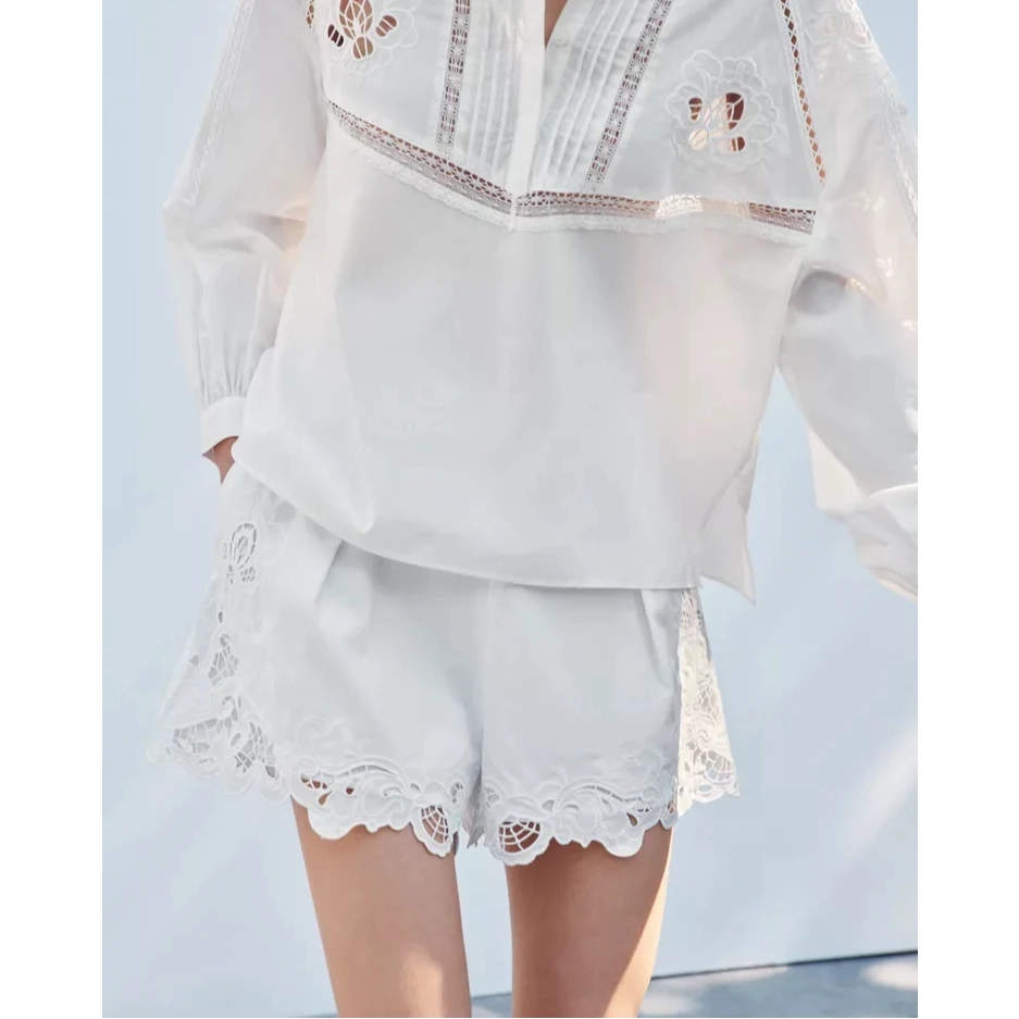 出西班牙单棉质重工刺绣钩花松紧腰短裤