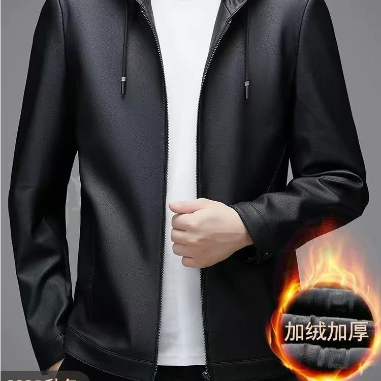 【官方正品】2025冬季新款休闲男士商务修身高档连帽时尚皮夹克