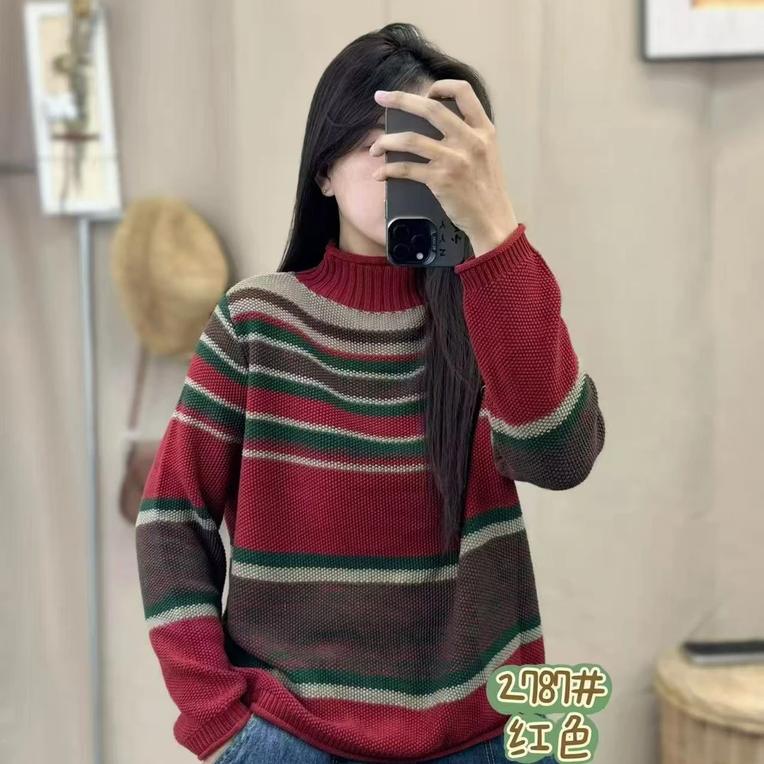 秋冬撞色毛针织衫拼色秋季休闲条纹针织衫条纹圆领2787