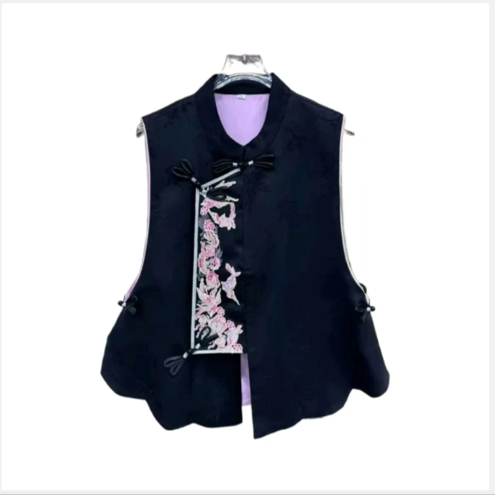 【富春~838】复古国潮风重工刺绣立领马甲女新款设计感斜襟时尚