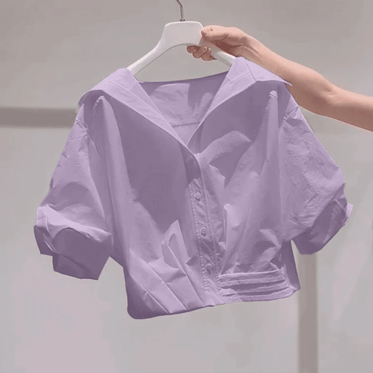 韩系穿搭香芋紫显白泡泡袖衬衫短袖T恤夏季独特漂亮翻领褶皱上衣