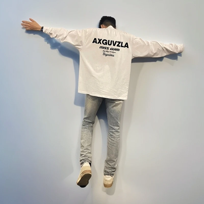 2024男长袖t恤秋季打底衫长袖纯棉秋季港风印花宽松潮流上衣潮男