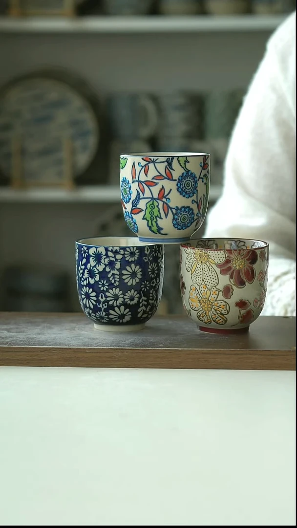 陶瓷手绘油画风三色手握杯160ml@4-2@微瑕