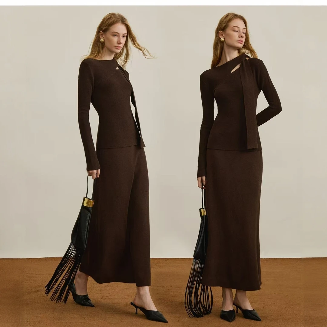 镂空设计秋冬气质包臀围巾领针织套装裙女2025新款秋季飘带半身裙