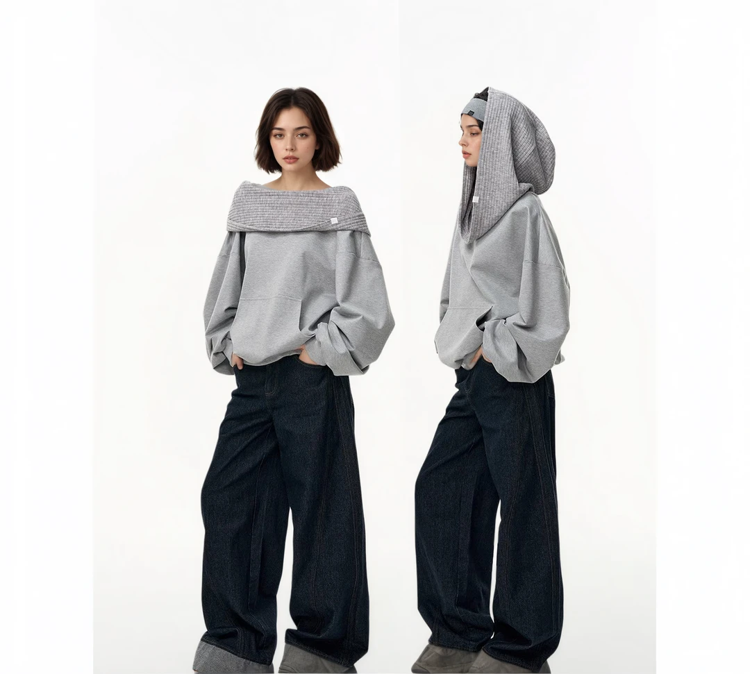斜肩一字领宽松套头连帽卫衣露肩上衣女