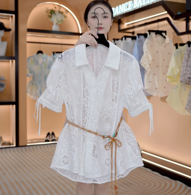 “白日梦”夏季欧若风新款设计师时尚显瘦遮肉衬衫套装 F057