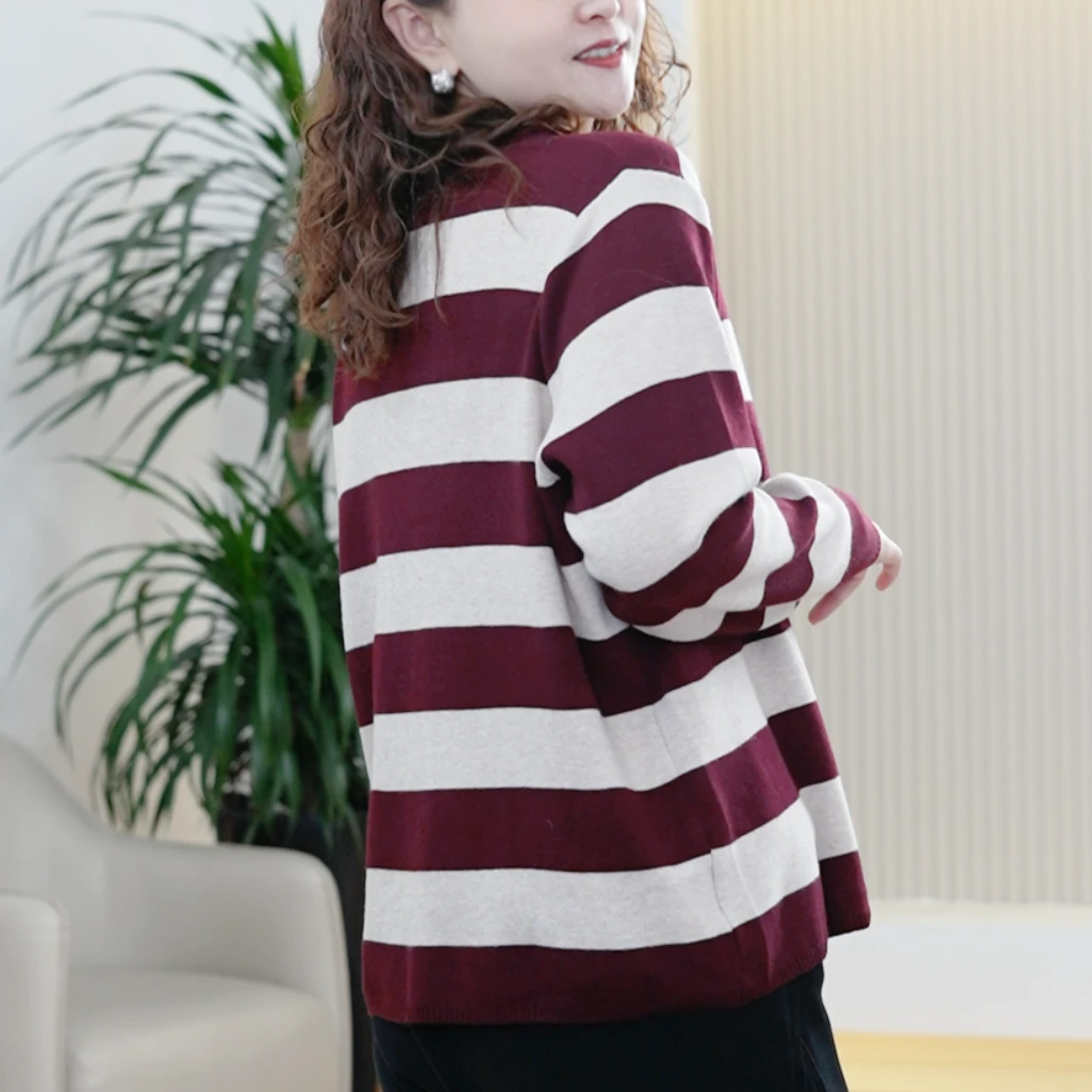 包芯纱条纹针织衫女大码弹力百搭显瘦开衫秋季柔软微卷边撞色上衣